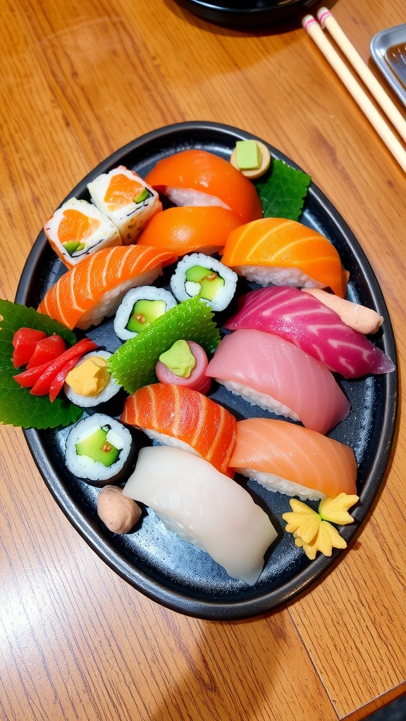 A sushi platter with 6 pieces including maki rolls, nigiri, and sashimi, beautifully arranged with garnishes.